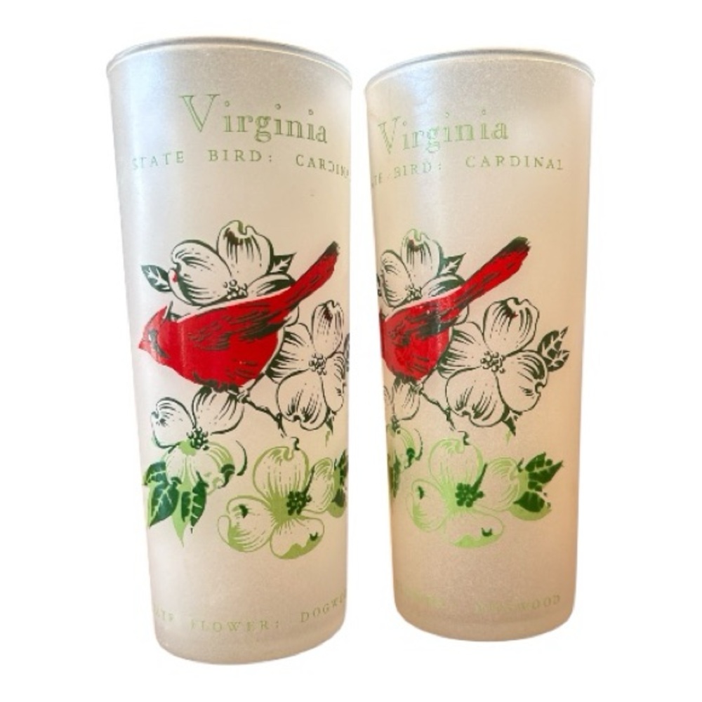 Vintage Virginia state bird and flower frosted glasses, set of two